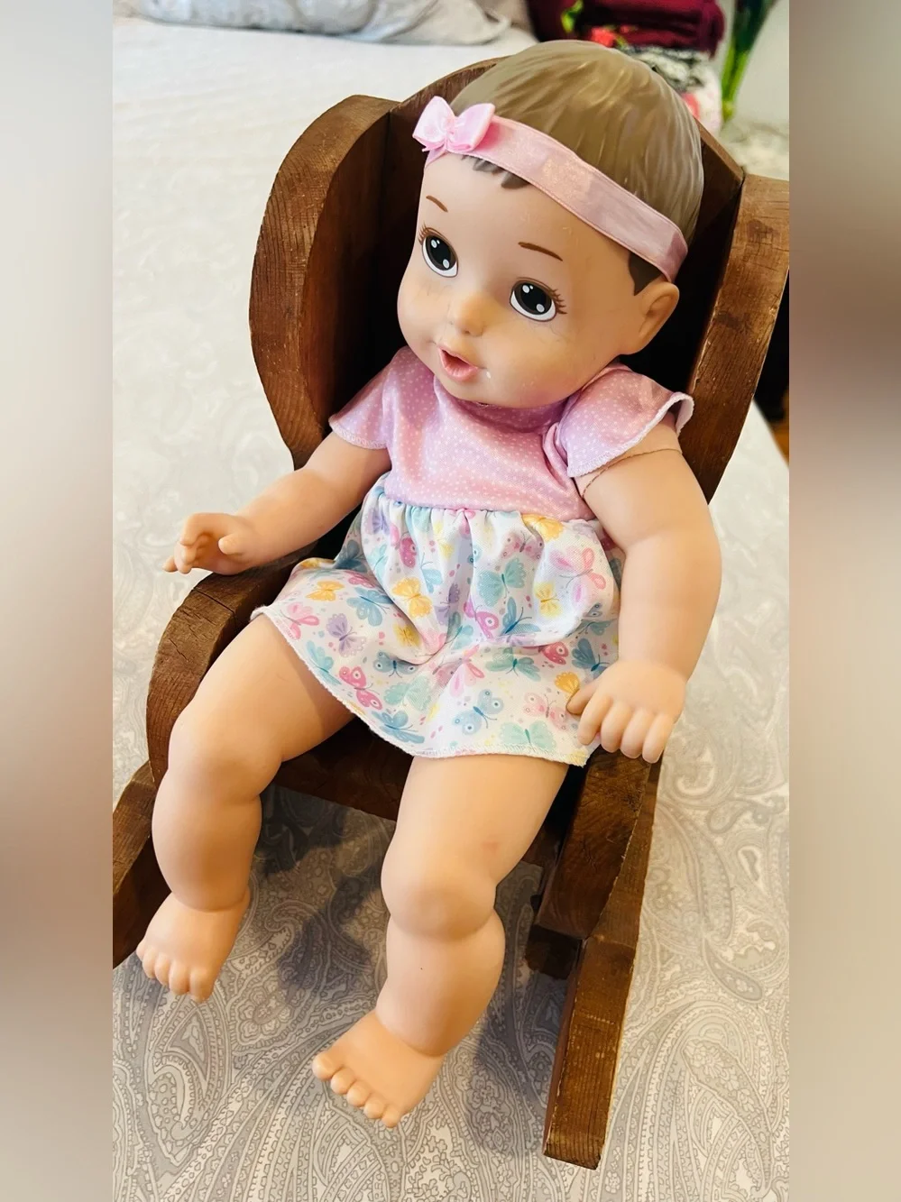 Soft Baby Doll in Pink Dress with Headband - Kids Toy in  wood Rocking Chair
